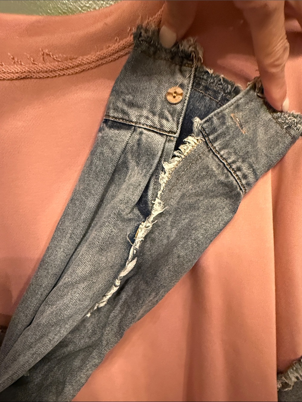 easel Pink Knit Top with Distressed Denim Sleeves - Picture 6 of 8
